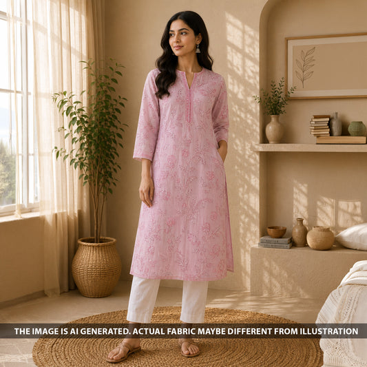 Indian model wearing a pink organza suit crafted from F6892 cut dana and sequins embroidered fabric