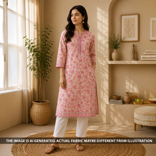 Indian model wearing a pink pure Chanderi suit made from F6893 thread sequins embroidered fabric