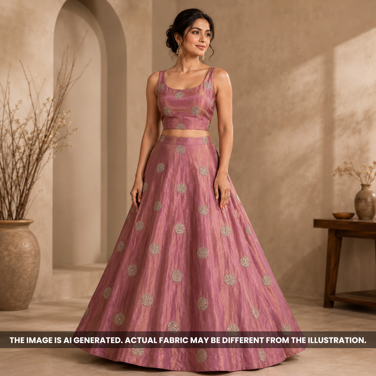 Indian model wearing a pink lehenga made from Cut Dana Zari Work Shimmer Tissue fabric F6985