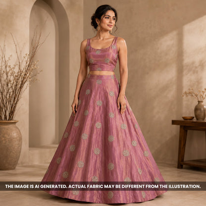 Indian model wearing a pink lehenga made from Cut Dana Zari Work Shimmer Tissue fabric F6985