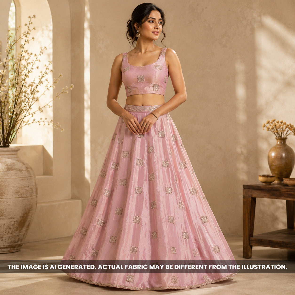 Indian model wearing a pink lehenga crafted from Cut Dana Zari Sequins Work Shimmer Tissue fabric F6986