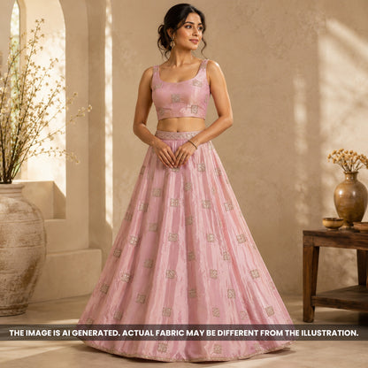 Indian model wearing a pink lehenga crafted from Cut Dana Zari Sequins Work Shimmer Tissue fabric F6986