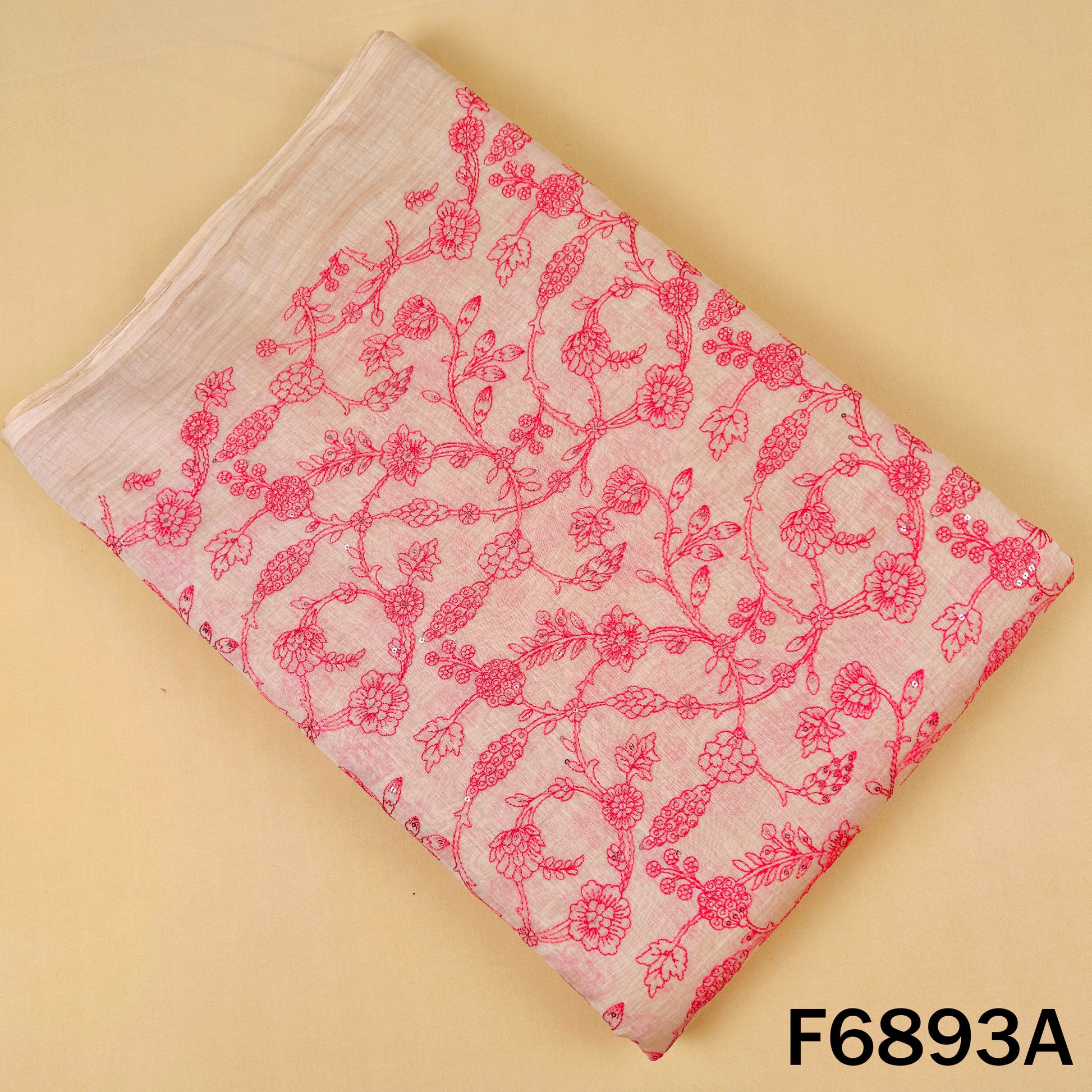 Pink Chanderi fabric F6893A with floral thread embroidery and delicate sequins detailing