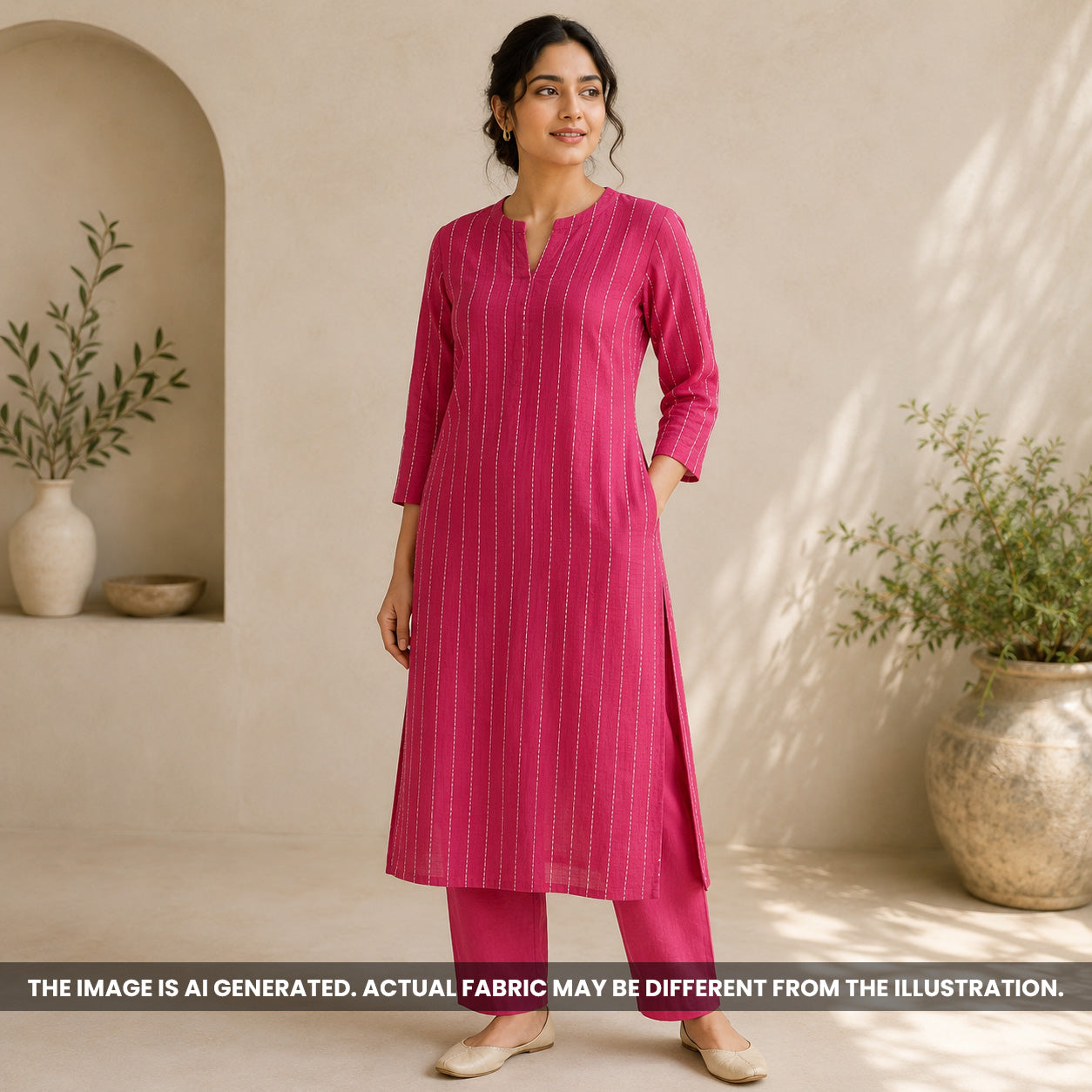 Indian model wearing a pink kurti made from Thread Work Mul Chanderi fabric F6983