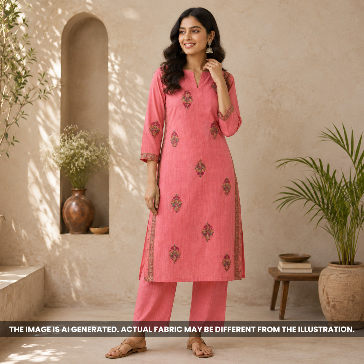 Indian woman wearing a pink kurti made from Thread Work Semi Silk fabric F6979
