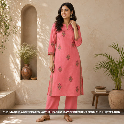 Indian woman wearing a pink kurti made from Thread Work Semi Silk fabric F6979