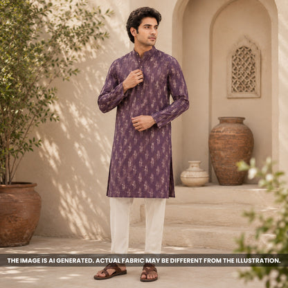 Indian male model styled in a plum printed kurta crafted from paisley Semi Linen fabric F6972