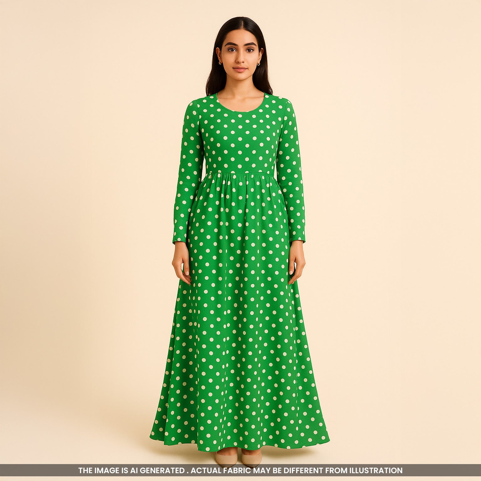 Woman wearing Green Polka Dot Georgette Dress