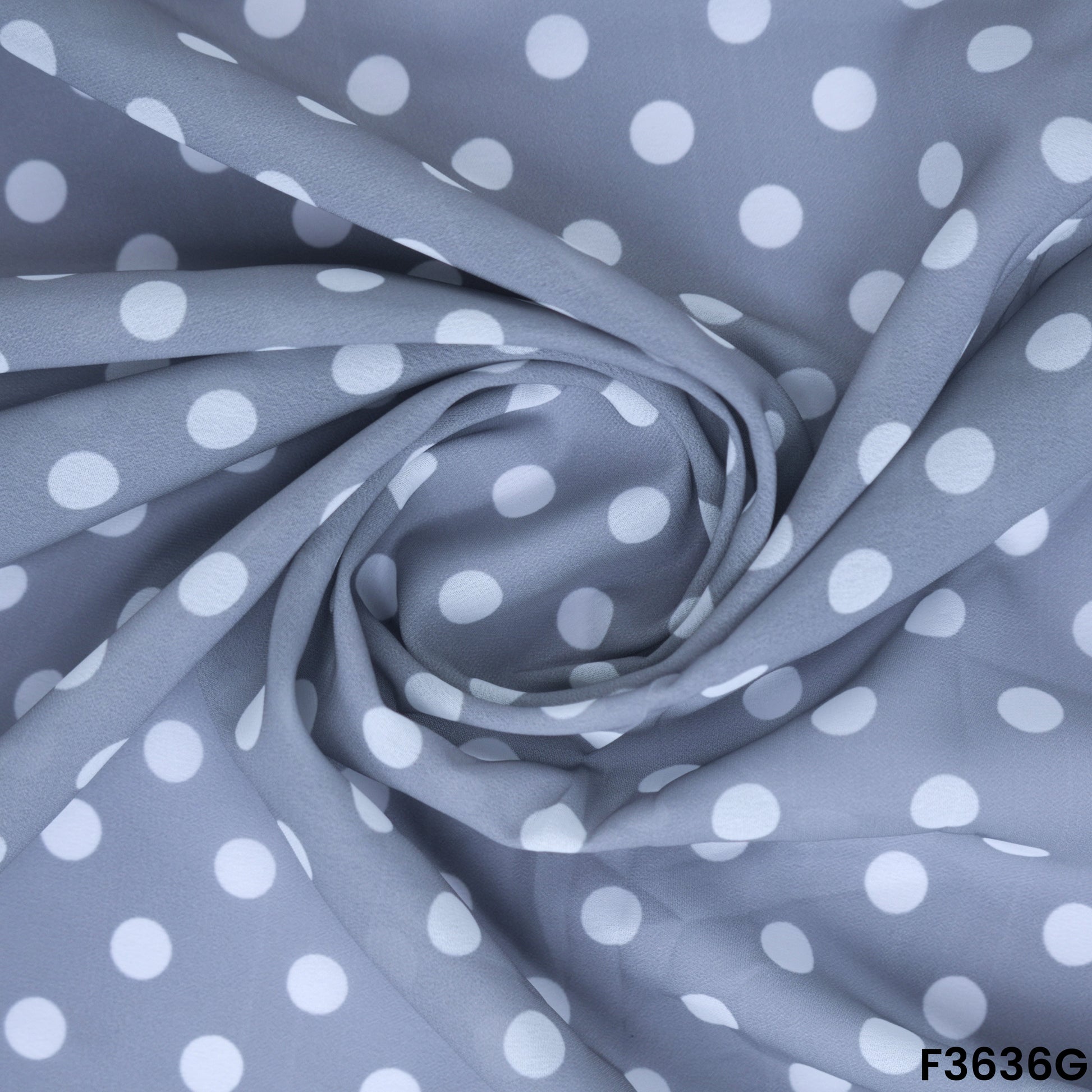 Grey Blue Polka Dot Georgette Fabric Draped Close-up