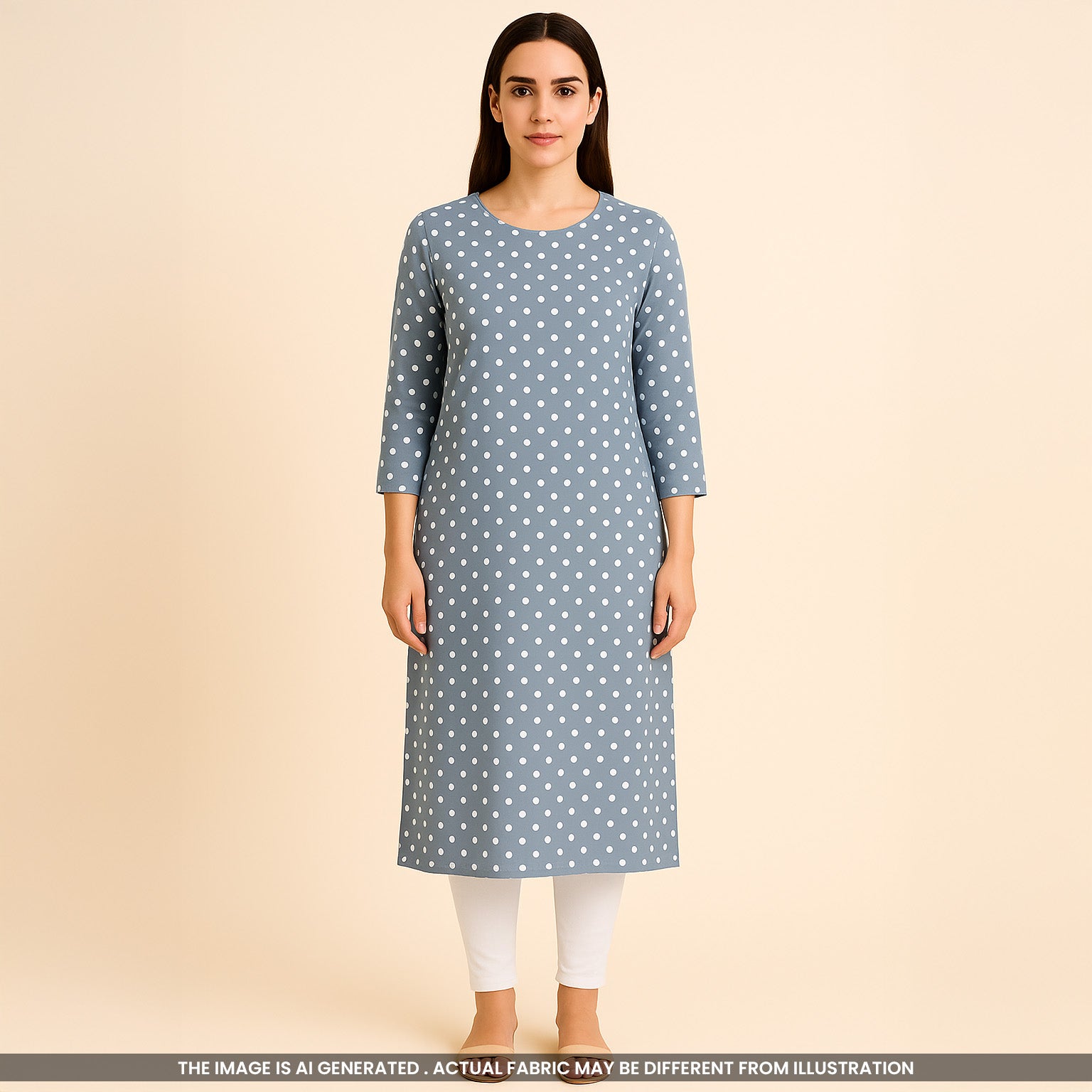 Woman wearing Grey Blue Polka Dot Georgette Dress
