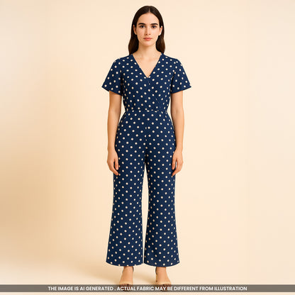 Woman wearing Navy Blue Polka Dot Georgette Jumpsuit