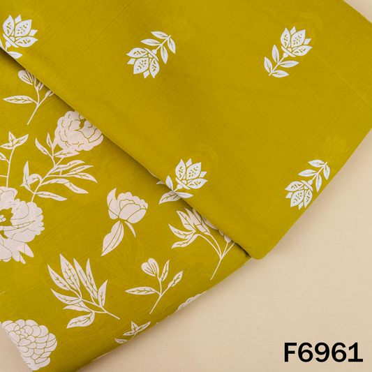 Mustard olive Printed Cotton fabric F6961 with elegant white floral motifs and soft breathable texture