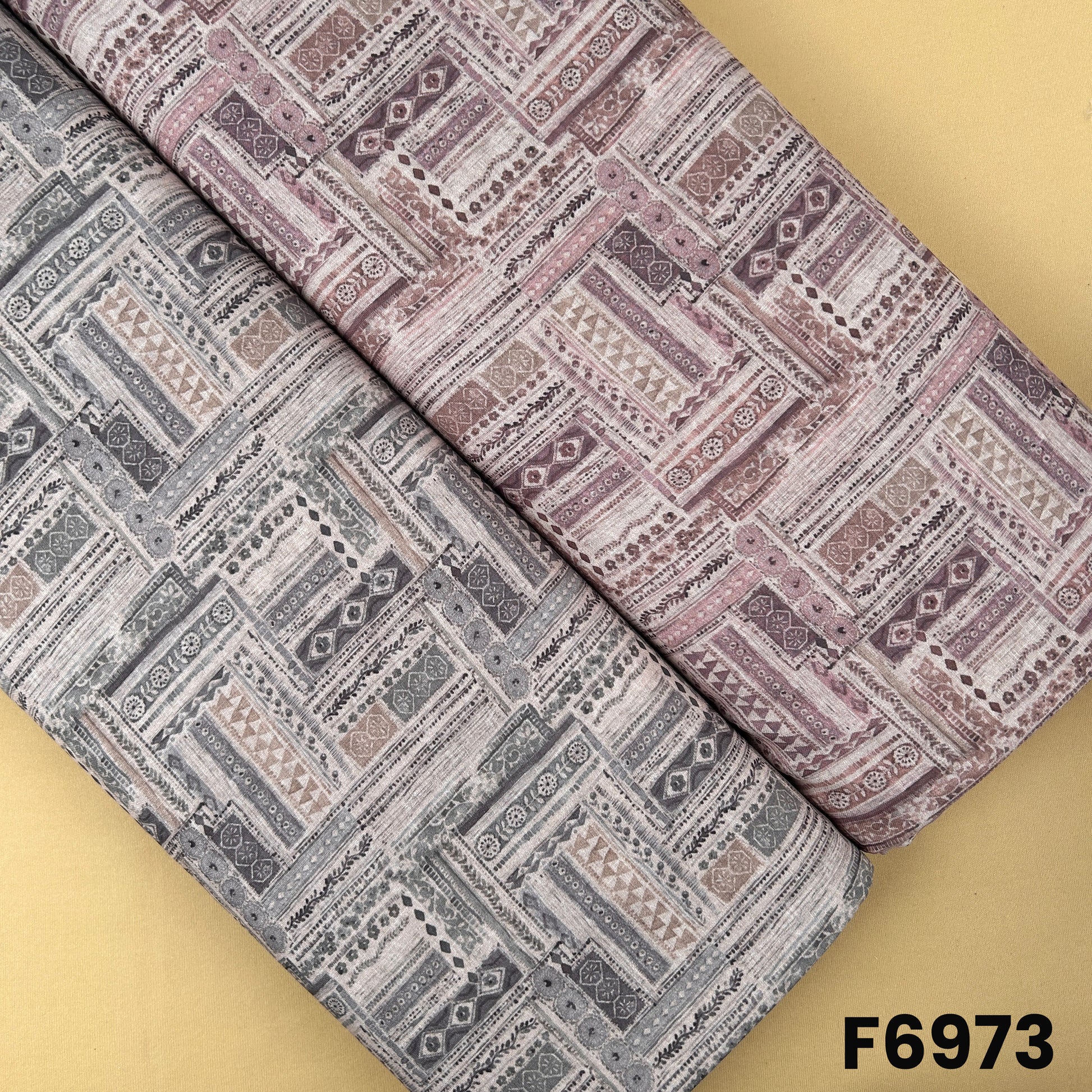 Printed Semi Linen fabric F6973 with ethnic patchwork-inspired motifs in dusty rose, grey, beige and charcoal tones
