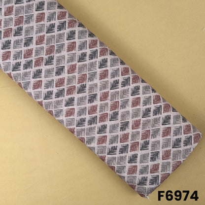 Printed Semi Linen fabric F6974 with dusty rose, charcoal grey and taupe geometric leaf motifs on an ivory base