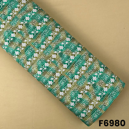 Semi silk fabric F6980 with emerald green floral stripe print, ivory detailing and delicate thread sequins work