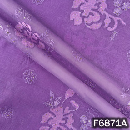 Close-up of purple Mul Chanderi fabric F6871A showing floral thread sequins work