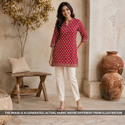 Indian model wearing a red block print cotton kurti made from FabricRoot F6898 fabric