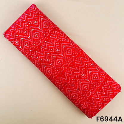 Bright red rayon fabric F6944A decorated with silver foil accents and traditional geometric Bandhani motifs
