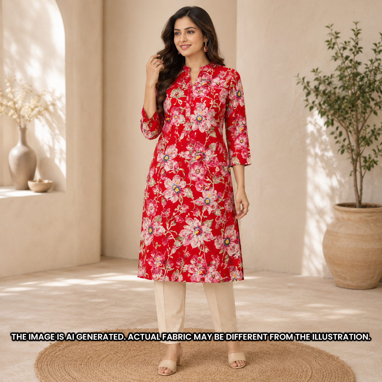 Woman styled in a red floral rayon kurti created from FabricRoot F6933 foil print fabric