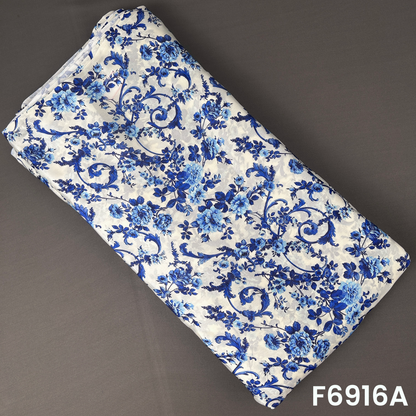 F6916A Crepe Satin fabric featuring elegant blue vine artwork with a glossy designer finish