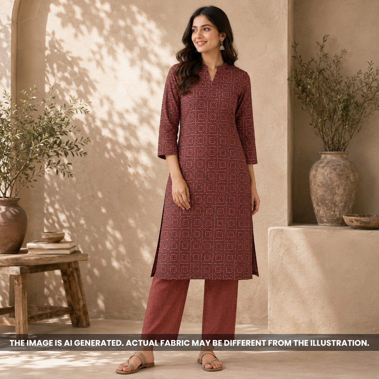 Indian woman wearing a rust printed kurti made from breathable Semi Linen fabric F6976