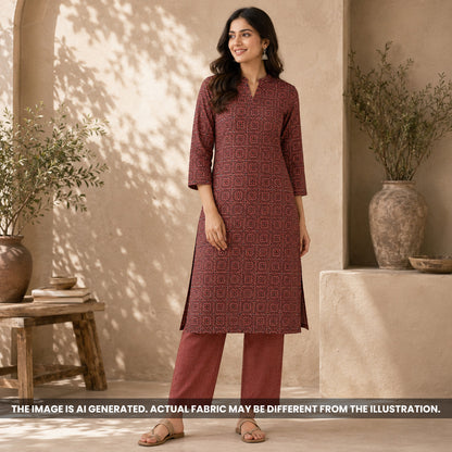 Indian woman wearing a rust printed kurti made from breathable Semi Linen fabric F6976
