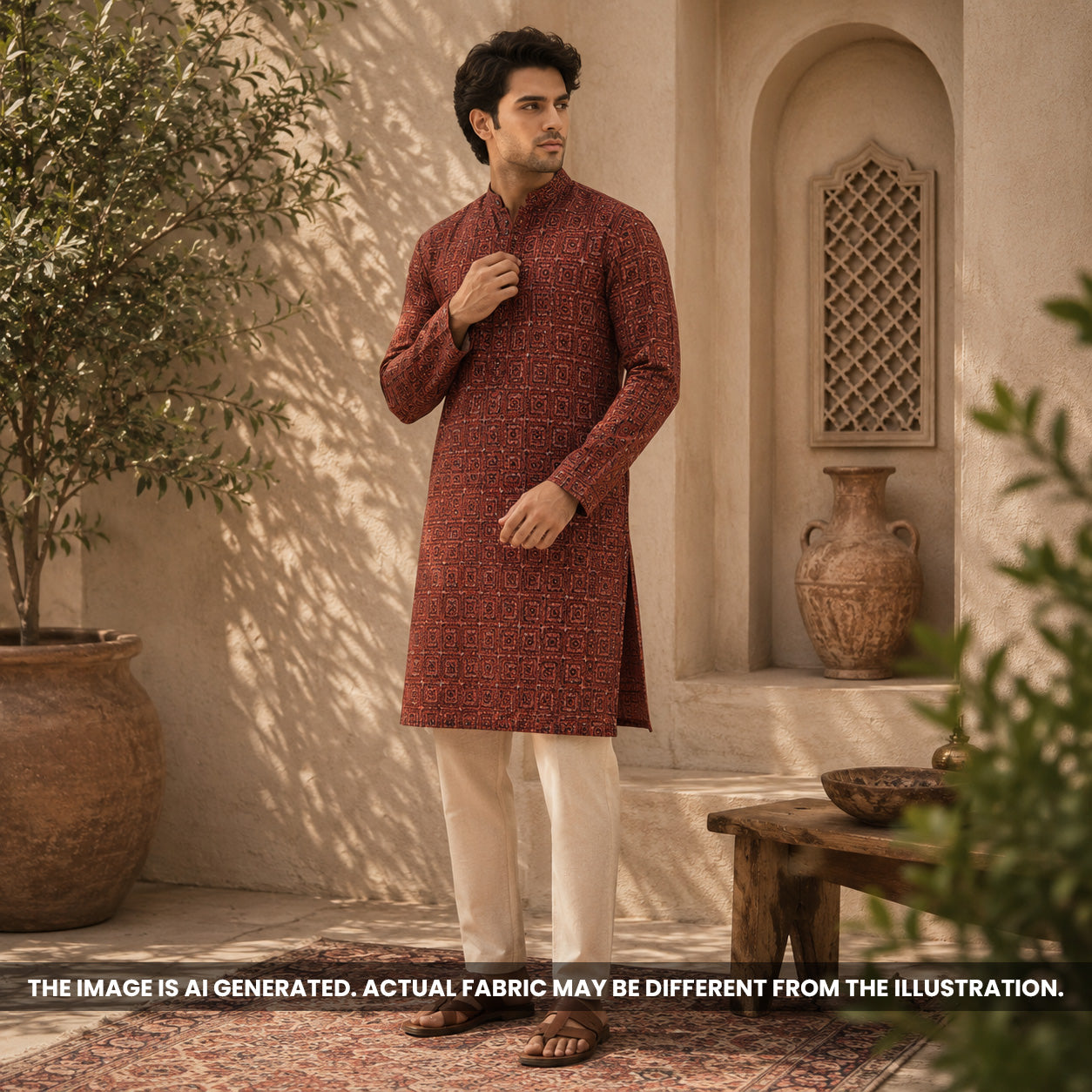 Indian male model styled in a rust kurta crafted from geometric printed semi linen fabric F6976