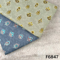 Sage green and slate blue cotton fabric with small floral block print designs, 108cm width - Fabric Roots F6847