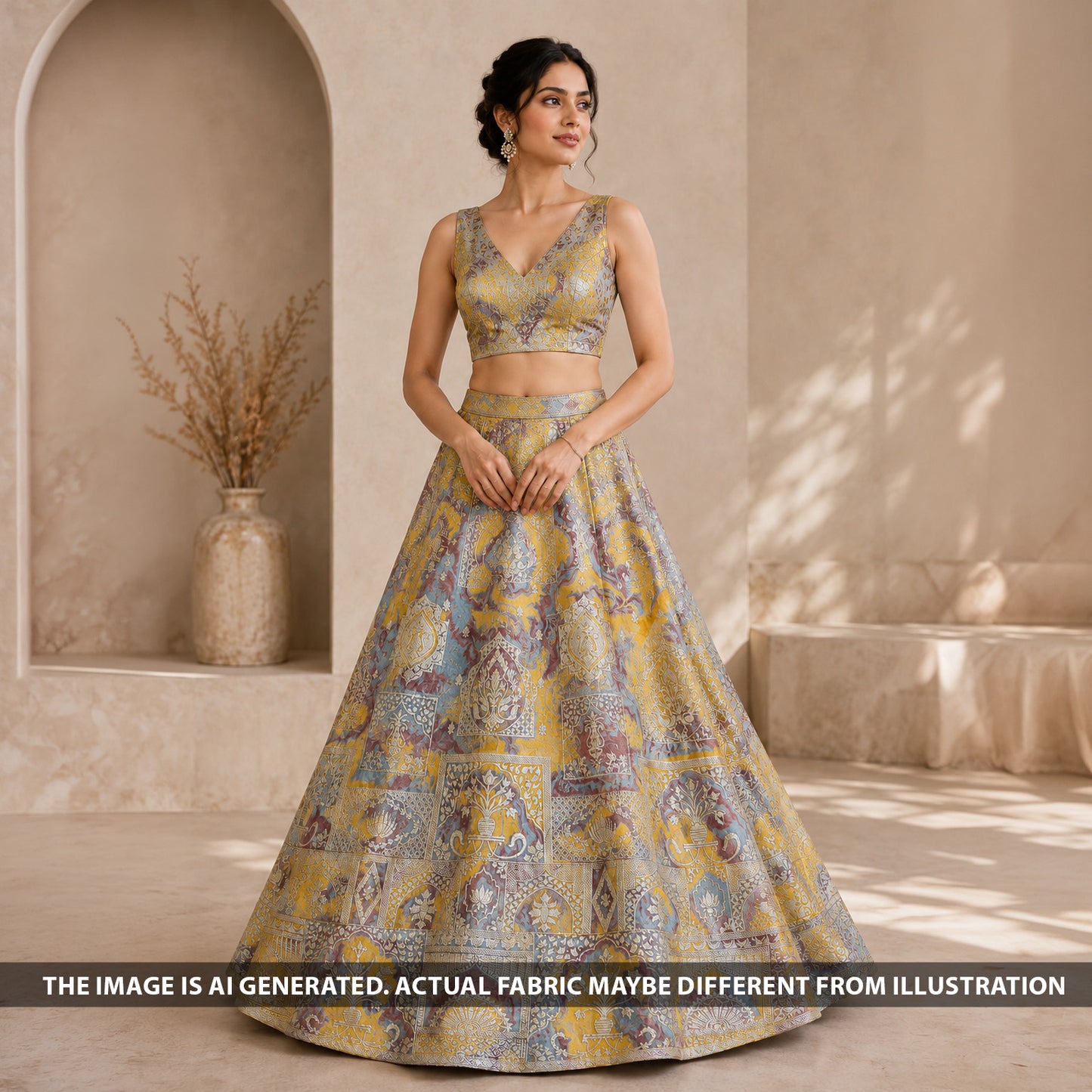 Indian model wearing a festive lehenga made from FabricRoot F6895 shimmer tissue fabric