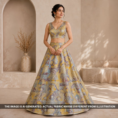 Indian model wearing a festive lehenga made from FabricRoot F6895 shimmer tissue fabric