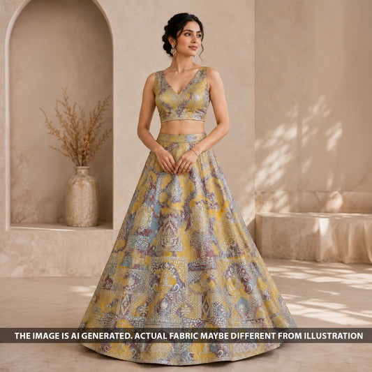 Indian model wearing a festive lehenga made from FabricRoot F6895 shimmer tissue fabric