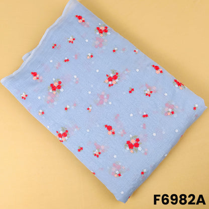 Sky blue Mul Chanderi fabric F6982A featuring small red floral motifs with soft leafy thread work
