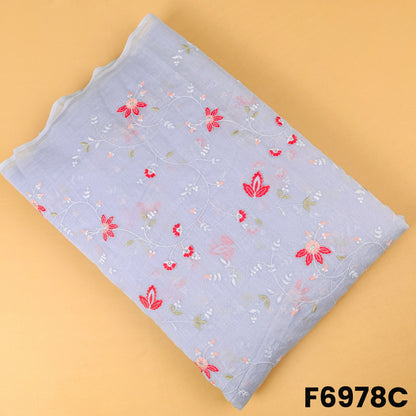 Sky blue Mul Chanderi fabric F6978C designed with red floral embroidery and subtle metallic highlights