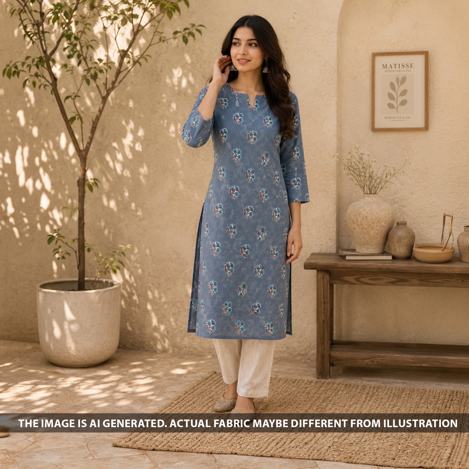Model wearing a straight kurti made of slate blue floral printed cotton fabric