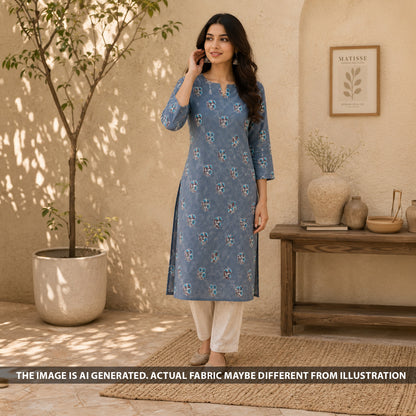 Model wearing a straight kurti made of slate blue floral printed cotton fabric