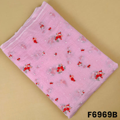 Soft pink Mul Chanderi fabric F6969B designed with scattered floral thread work for graceful ethnic outfits