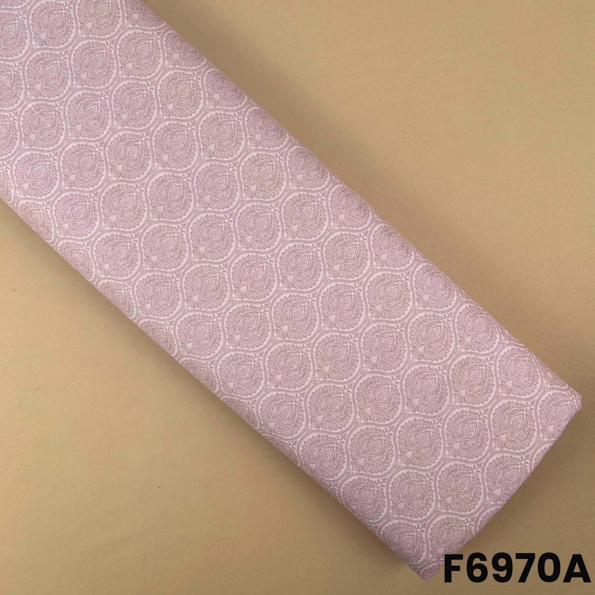 Soft pink Semi Linen fabric F6970A featuring elegant paisley-style geometric print for summer outfits