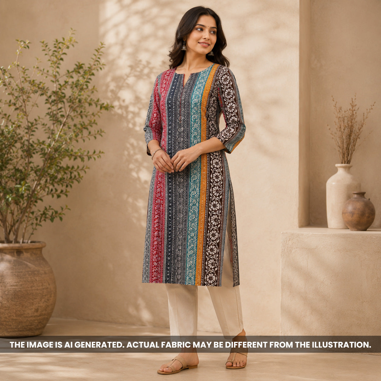 Indian model wearing a striped kurti made from soft Printed Rayon fabric F6990