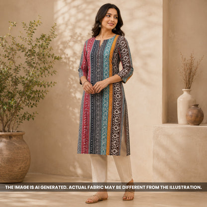 Indian model wearing a striped kurti made from soft Printed Rayon fabric F6990