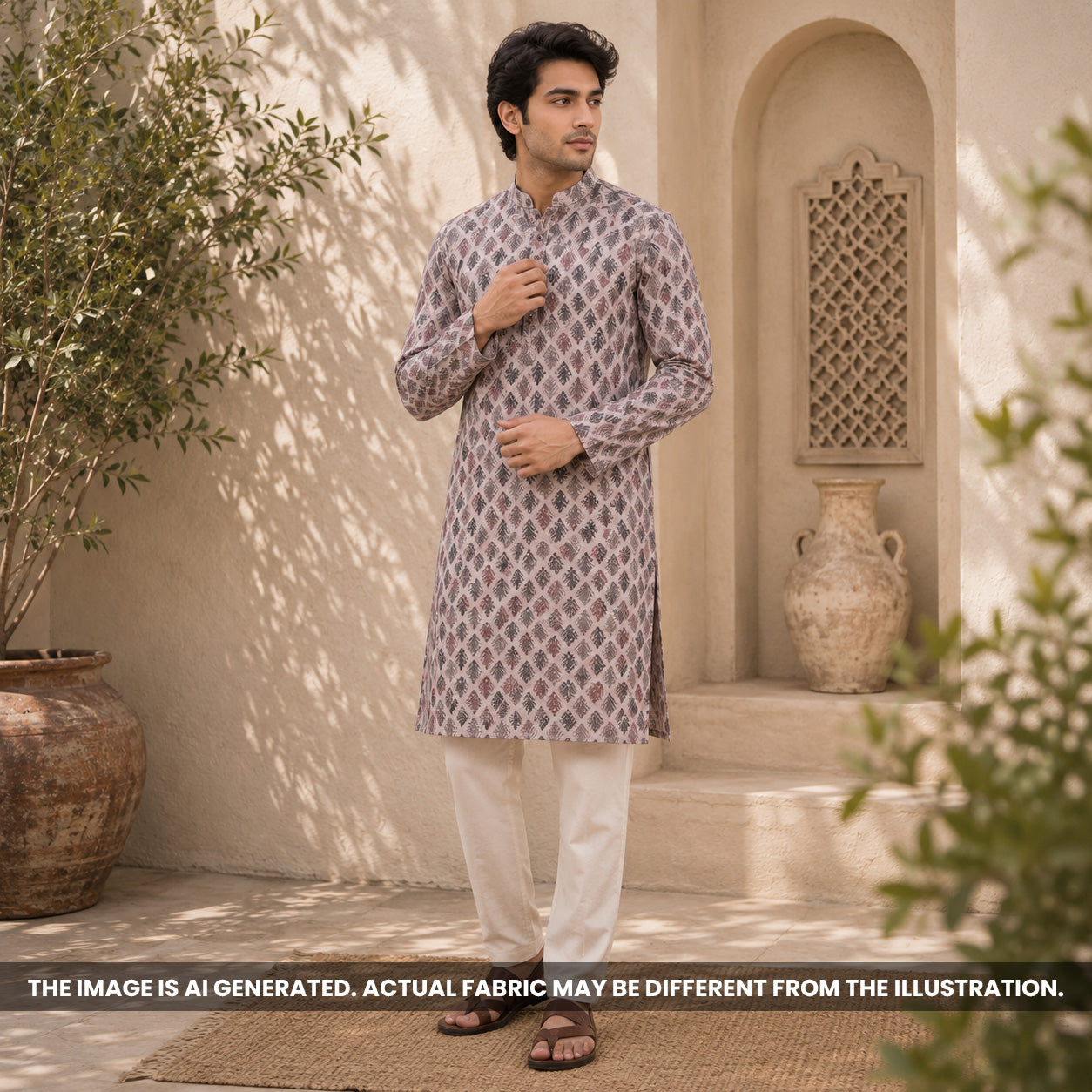 Indian male model styled in a taupe printed kurta crafted from contemporary Semi Linen fabric F6974