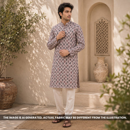 Indian male model styled in a taupe printed kurta crafted from contemporary Semi Linen fabric F6974