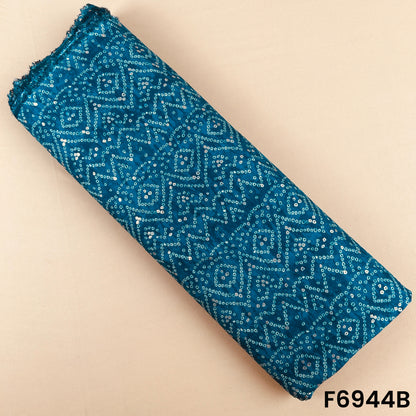 Teal blue rayon fabric F6944B featuring an intricate resist-print inspired design with metallic detailing