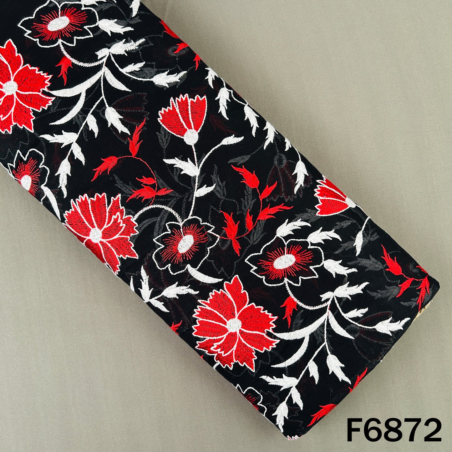 Black 2x2 Rubia cotton fabric F6872 with red and white floral thread embroidery
