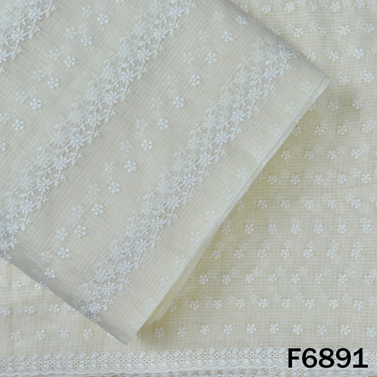 Ivory thread embroidered Kota cotton fabric F6891 with soft white floral work and lightweight texture