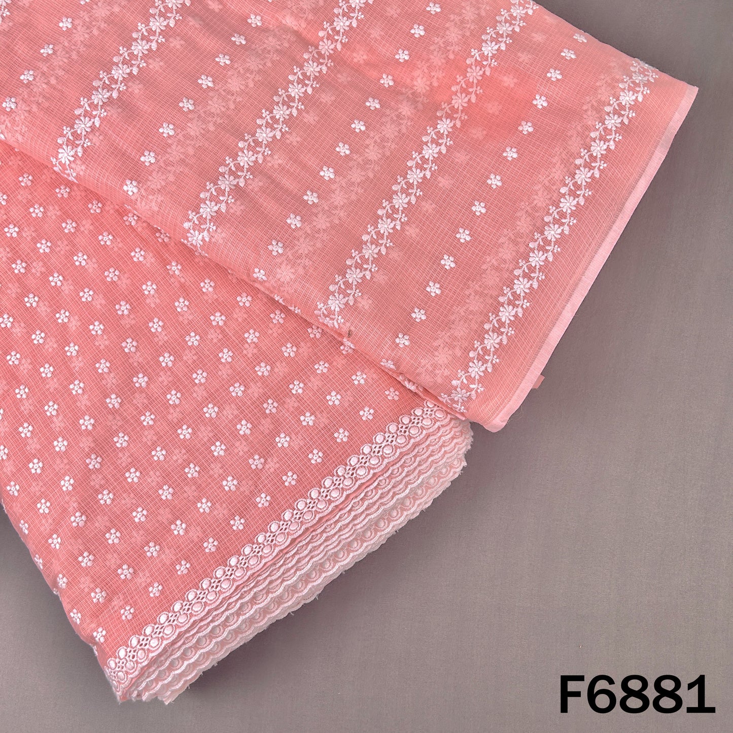 Pink thread embroidered Kota cotton fabric F6881 with delicate white floral work