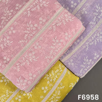 Thread embroidered Mul Chanderi fabric F6958 displayed in blush pink, lavender and mustard shades with white floral stripe work