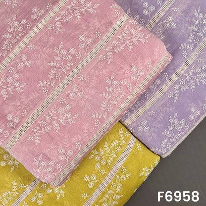 Thread embroidered Mul Chanderi fabric F6958 displayed in blush pink, lavender and mustard shades with white floral stripe work
