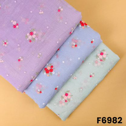 Pastel Mul Chanderi fabric F6982 with delicate floral thread embroidery in lavender, sky blue and mint shades