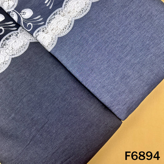Denim cotton fabric F6894 with white thread lace border and elegant embroidered detailing