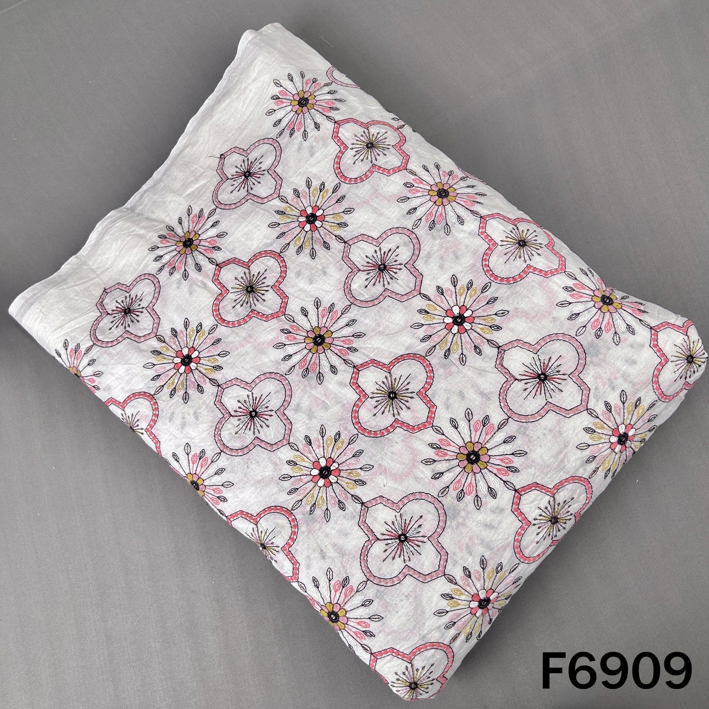 White Kora cotton fabric F6909 with floral thread embroidery, sequins highlights and soft festive detailing